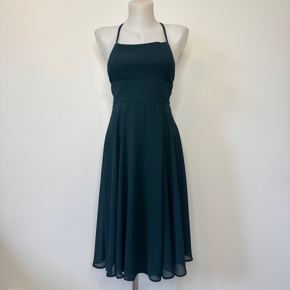 Lulus Letter of Love Mini Dress Emerald Green Backless Skater Slit Chiffon Sz XS - Picture 1 of 16